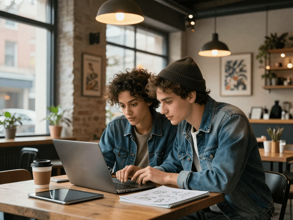 A young couple crush on collaboration at an urban café with coffee cups and sketches.