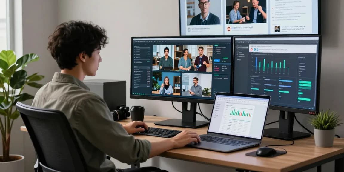 Detect AI image and analyze content moderation metrics in a high-tech office.
