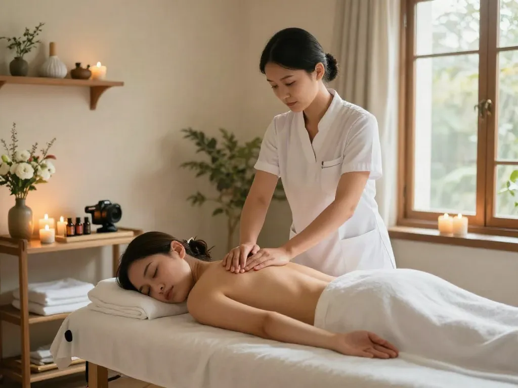 중랑구출장마사지 in a serene home spa setting with a therapist and client.